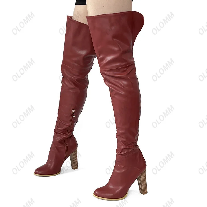 Olomm Handmade Women Over The Knee Boots Square High Heel Boots Nice Round Toe Pretty Brown Casual Shoes Women Plus US Size 5-15