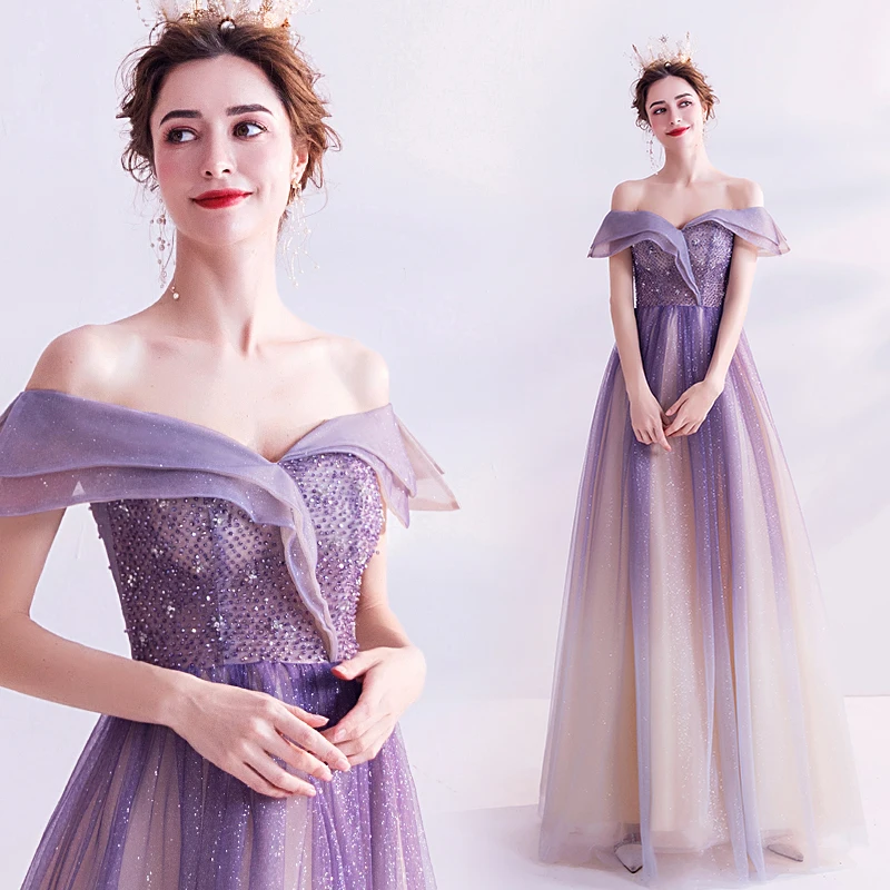 

Fairy Butterfly Sleeve Formal Party Gown Vintage Lady Long Purple Gradients Cheongsam Qipao Sexy Slash Neck Vestidos De Festa