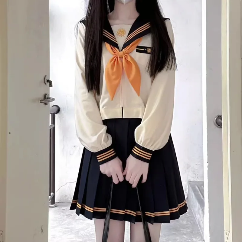 New Japanese JK Uniform Preppy Style Sailor Collar Beige Blue Color Matching Long Short Sleeves Top Pleated Skirt Suit For Girls