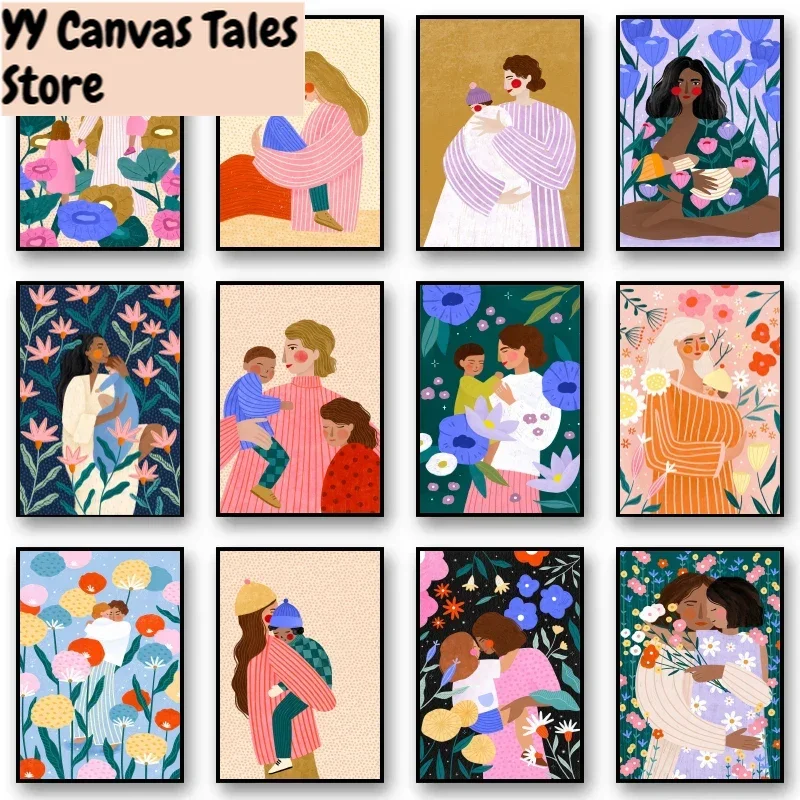 1pc frameless Canvas Painting Motherhood Art Print Canvas Painting Young Mum and Kids Poster Maternal Love Floral Nursery Kids R