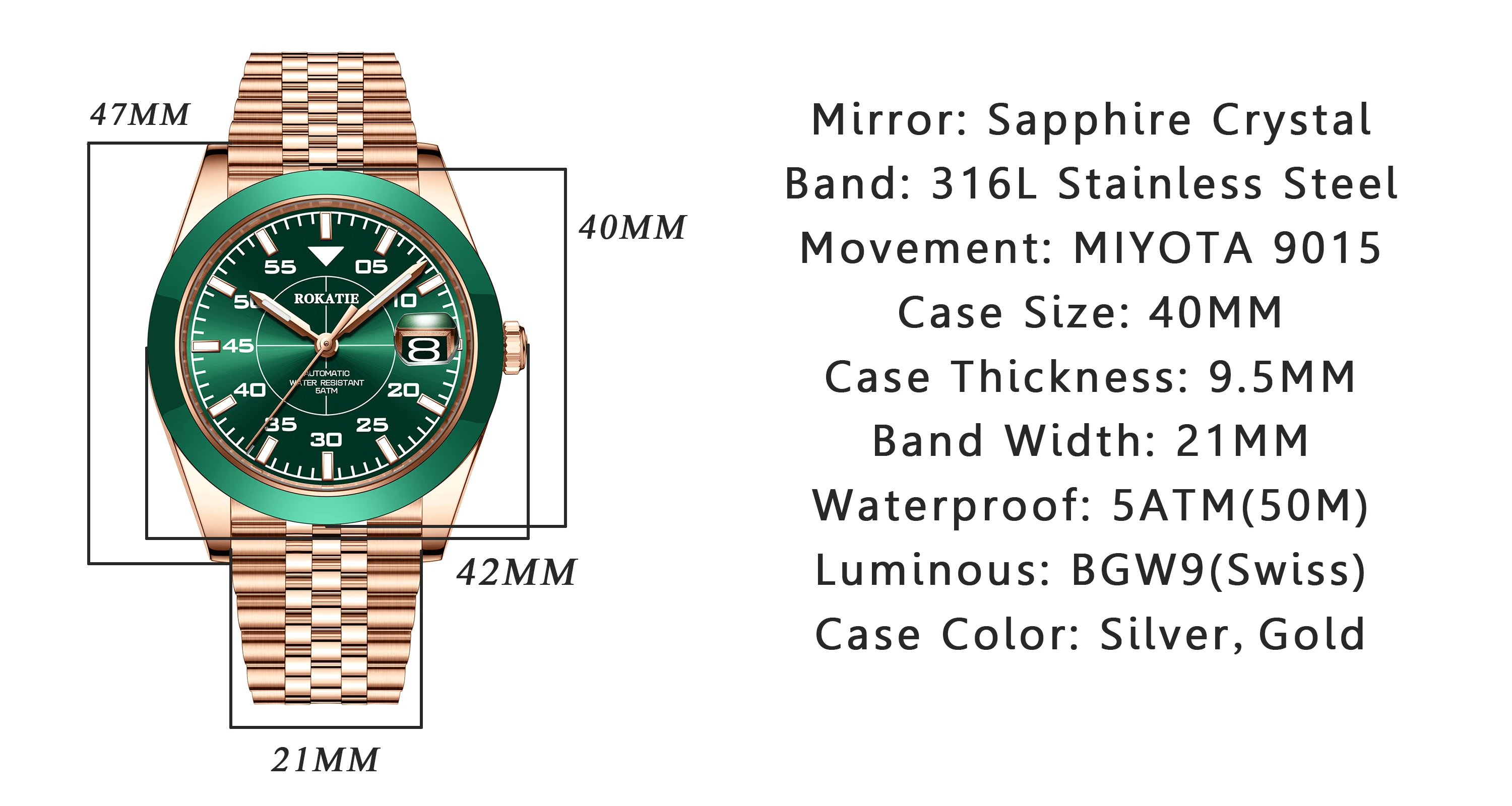 ROKATIE Jam Tangan Mekanis Jam Tangan Otomatis Pergerakan 316L NH35 Baja Tahan Karat Tepi Keramik Jam Tangan Mewah Tali Baja Kaca Safir