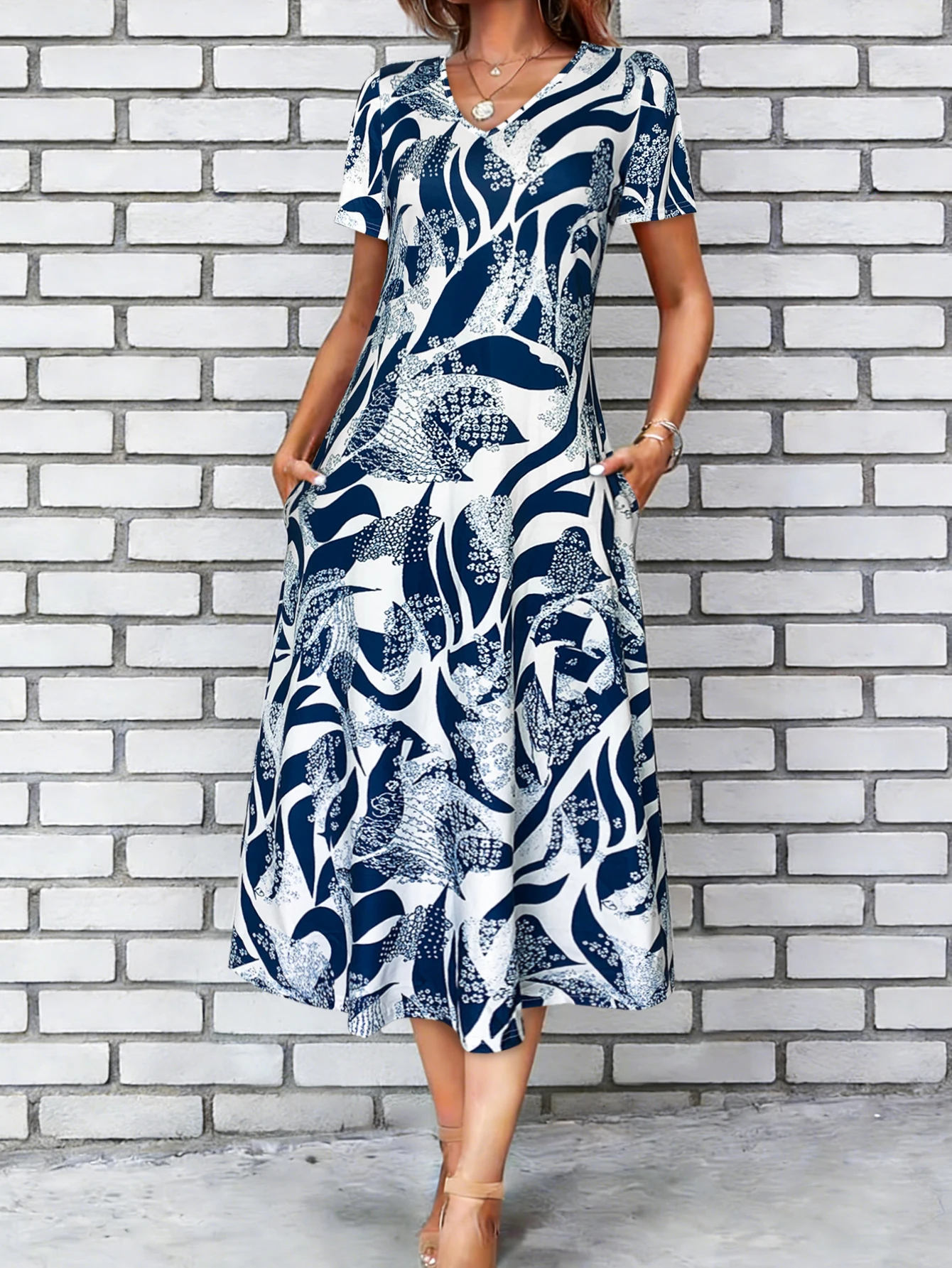 Women's Navy Blue Abstract Print Maxi Dress Summer Casual V Neck Short Sleeve A Line Flowy Dress With Pocket