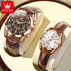 OLEVS Lover Watches Top Brand Luxury Couple Quartz Watch Waterproof Leather Watch Strap Watch for Women and Men Couple Gift