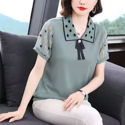 Summer New Fashion Turn-down Collar Shirt Casual Polka Dot Printed Patchwork Chic Bow Women's Clothing Loose Short Sleeve Blouse