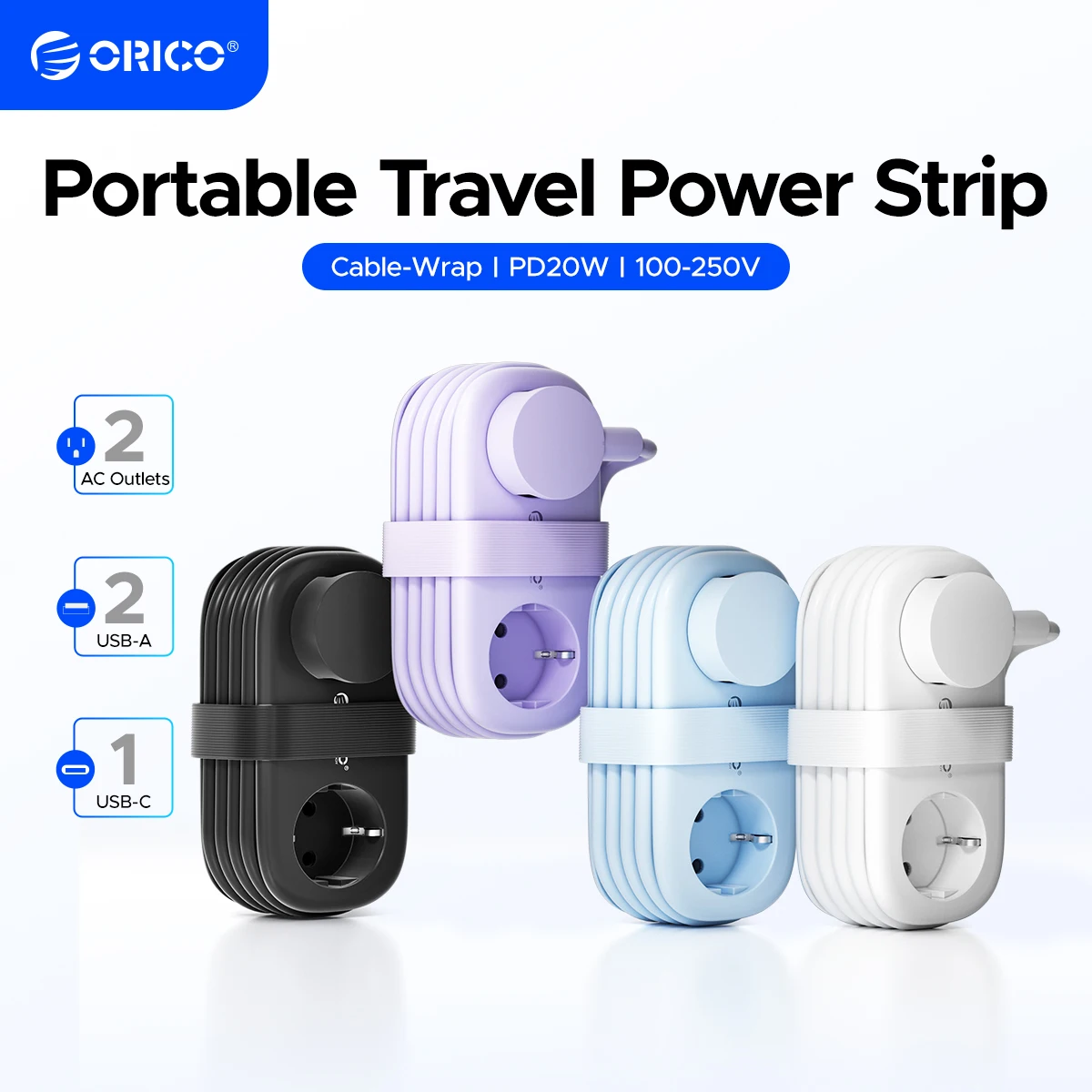 ORICO 20W EU-Stecker-Steckdosenleiste mit 2 AC-Steckdosen, 2 USB-Anschlüssen, 1 Typ-C-Anschluss, 1,53 m Verlängerungskabel, intelligente Steckdose für Zuhause/Reisen
