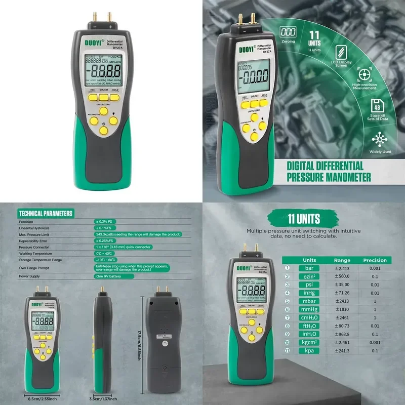 Ventilation System/ Pipeline/Brake Vacuum Pump bar Measurement Range -2.413~2.413 Digital Differential Pressure Manometer