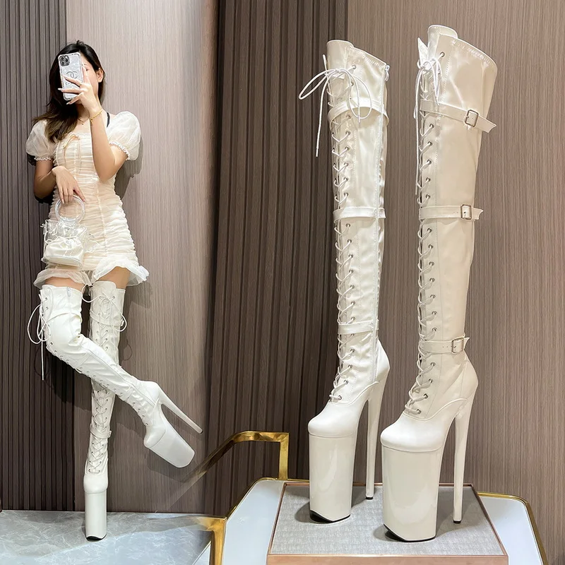 CACA 26cm Extreme High Heels Women Thigh High Boots,Fetish Platform Booties,Buckles Botas,Men Cosplay Shoes,Black,Red,Dropship