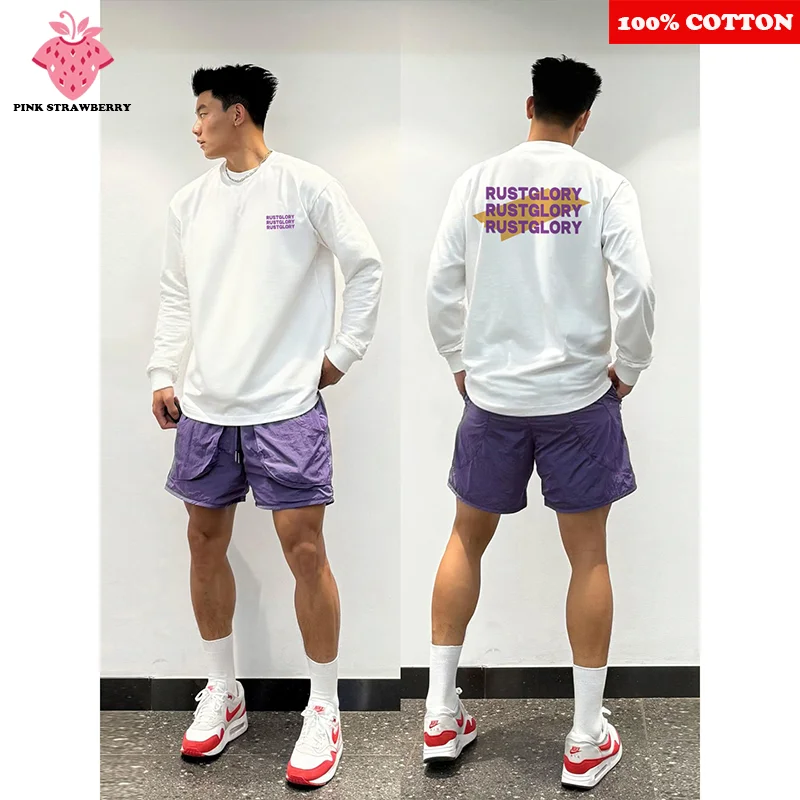 

Fashion Street Letter Print T-shirt Men Autumn 2025 New 100% Cotton White Long sleeves Sports Gym T-shirt Y2k Tops Male clothing