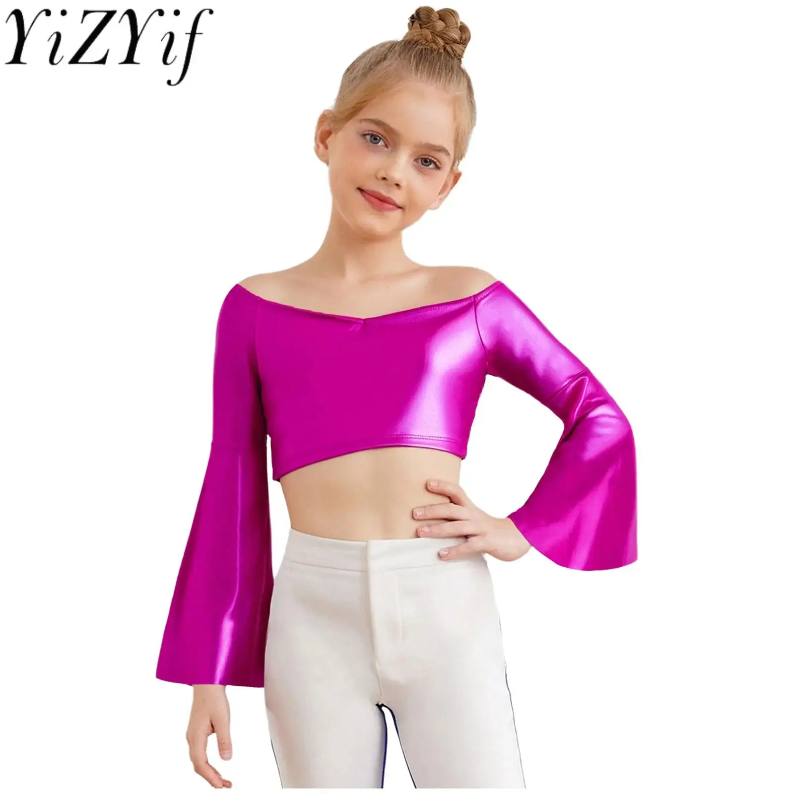 

#6-16 Kids Girls Off-Shoulder Metallic Crop Top Fashion Jazz Disco Birthday Party Photography Stage Performance Shirt Tops