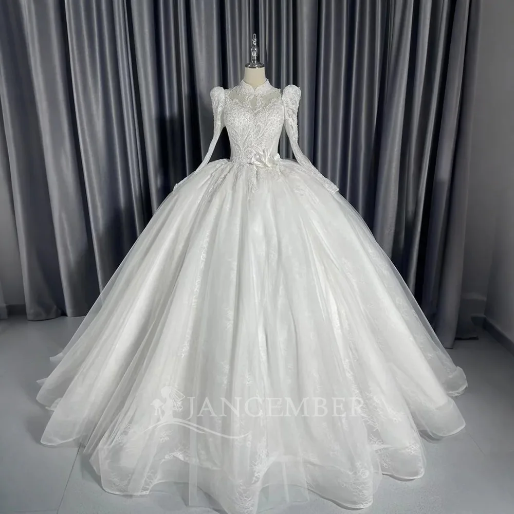 Long Sleeve Affordable Beach Wedding Dresses High Neck Robes Customized Lace Up Back Country Bridal Gowns Vestidos de novia