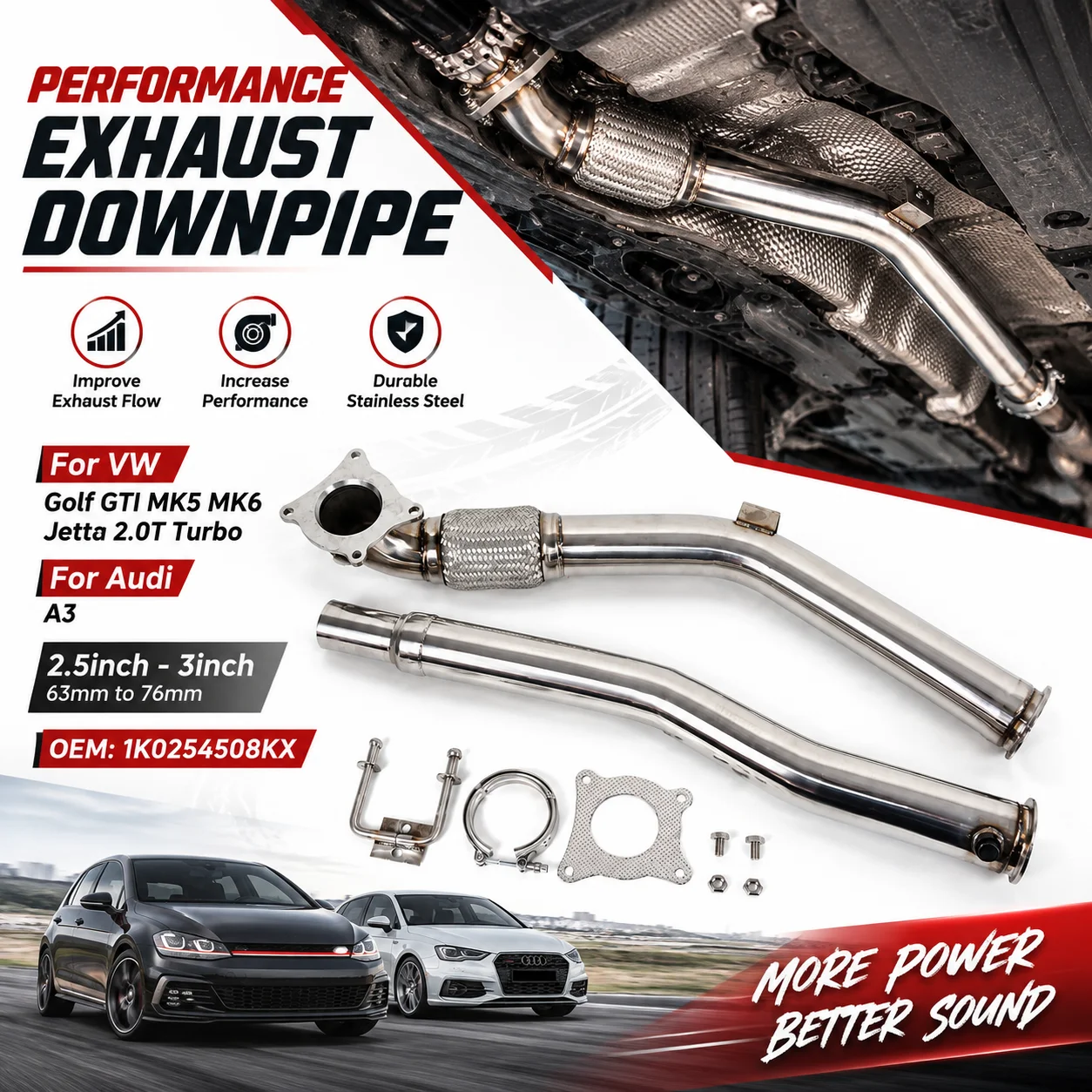 2,5-3 Zoll Turbo-Downpipe für VW Golf GTI MK5 MK6 Jetta GLI Passat B6 für Audi A3 TT 2.0T Edelstahl-Auspuffrohr OEM 1K0254508KX Performance