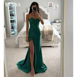 Sansa Green Beaded Glitter Prom Dress Elegant Sleeveless Mermaid SatinVestidos De Noche Sexy Side Split Graduation Ball Dress