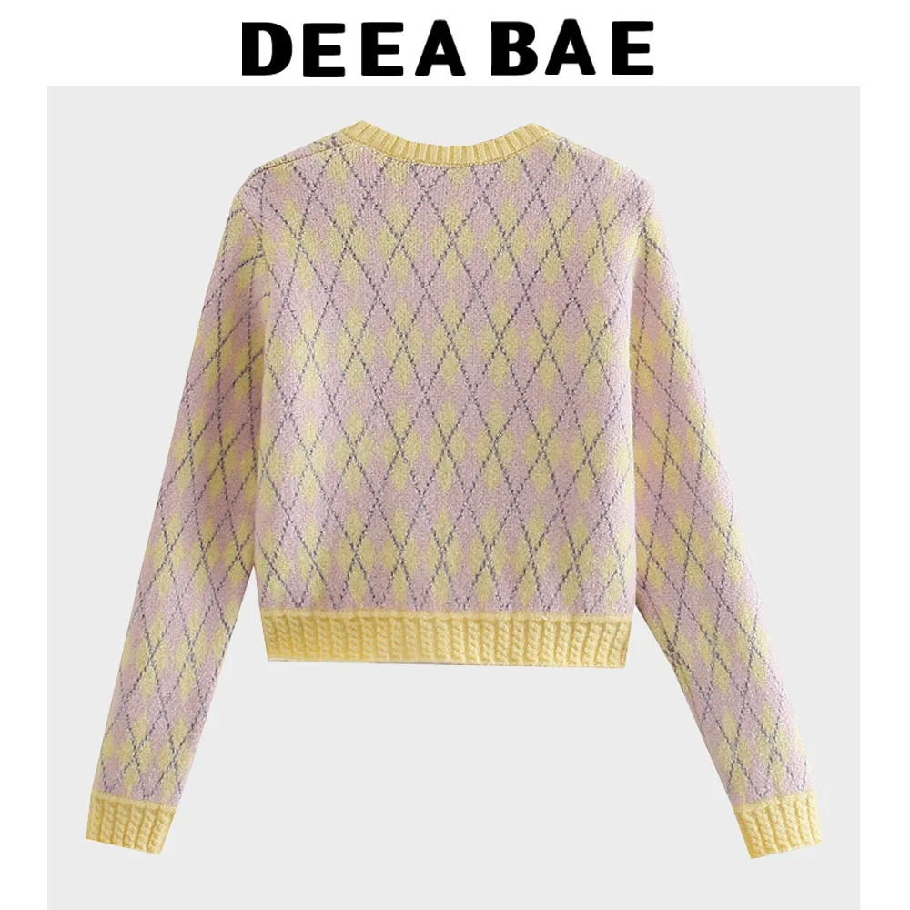 DEEABAE Abbigliamento da donna Trend 2025 Cardigan in maglia a maniche lunghe con motivo a rombi scozzesi dolce e alla moda