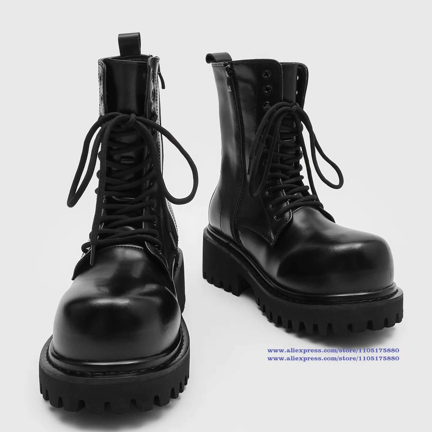 Black Leather Side Zipper Men's Boots Round Toe Lace-Up High Top Booties Luxury Designer Trendy Men's Booties Botas Mujer