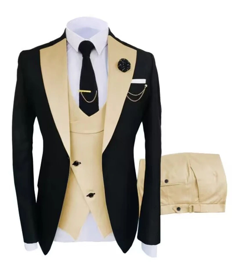 Solid 3 Piece Men Suits for Wedding Party Business Formal Groom Tuxedos Two Buttons （Blazer+Vest+Pants）Slim Fit Costume Homme