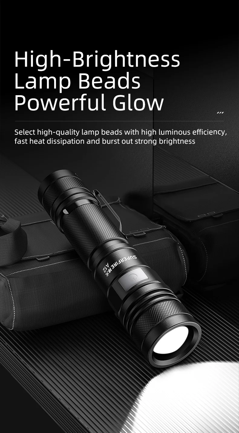 SUPERFIRE A12 Hochleistungs-LED-Taschenlampe, USB wiederaufladbar, zoombar, taktische Taschenlampe, 5 Modi, wasserdicht, für Outdoor-Angellaterne – Detail 5