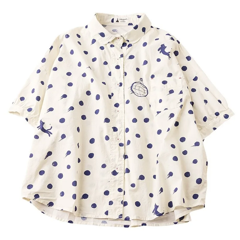 New Summer Cotton Half Sleeve Shirt Lapel Dot Printed Tops Mori Girl Casual Loose Versatile Commute Blouse 2024 Autumn T467147QC