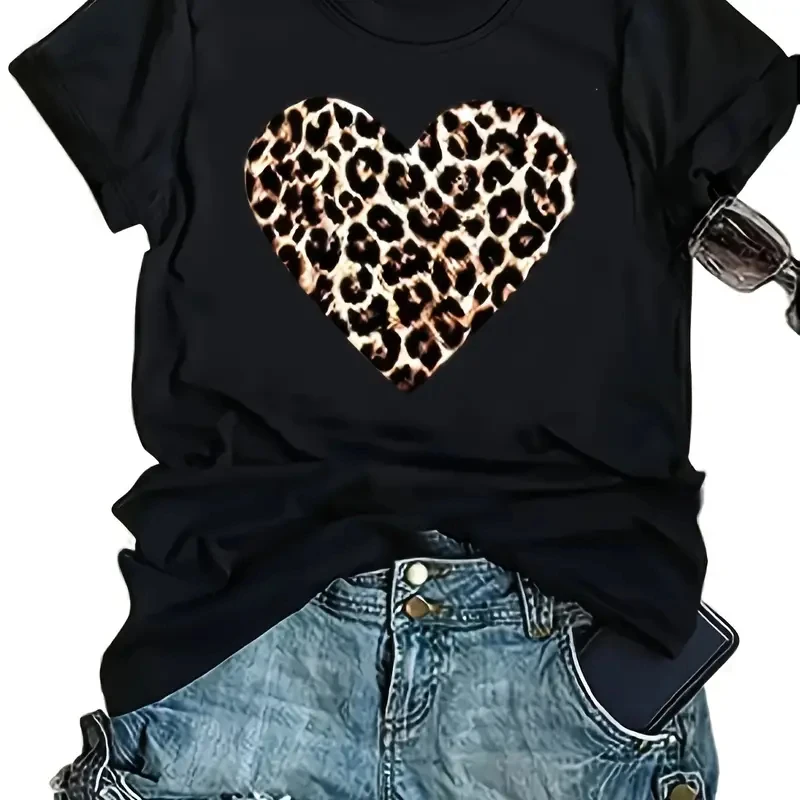 Fashion Leopard Lovely Women Printed Lady O-Neck Short Sleeve Women's T Shirt White Short Sleeve Polyester