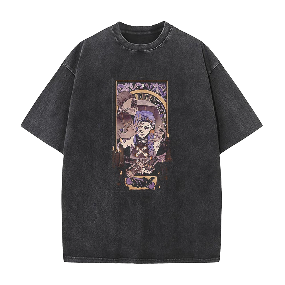 Jinx Cool Graphic T-shirt Anime Arcane Y2k Tshirt Men Women Vintage Washed T Shirts Harajuku Male Casual Oversized Cotton Tops