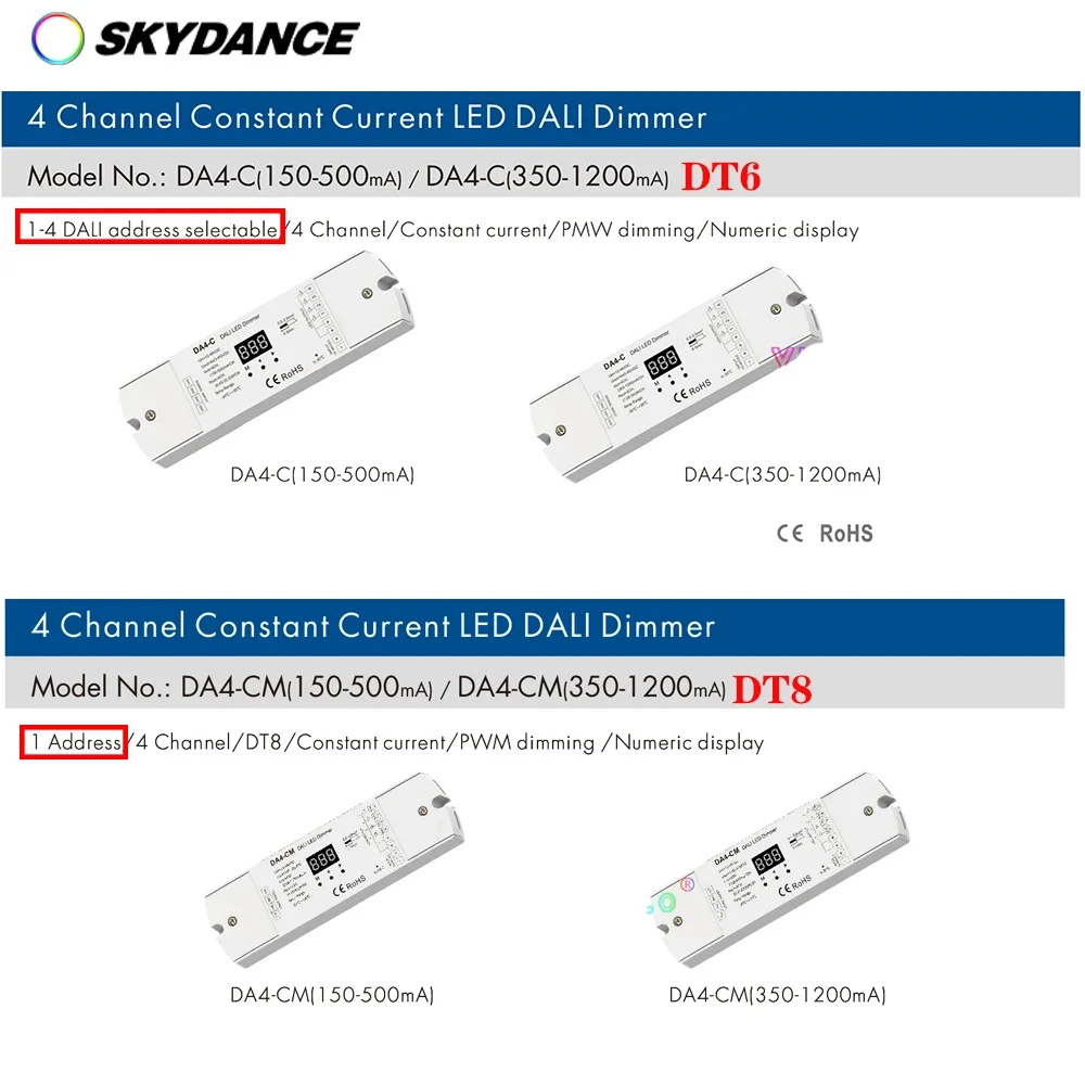 Skydance DT6/DT8 Stałoprądowy 4-kanałowy ściemniacz DALI 4-kanałowy ściemniacz PWM Kontroler wyświetlacza numerycznego DC12V-24V