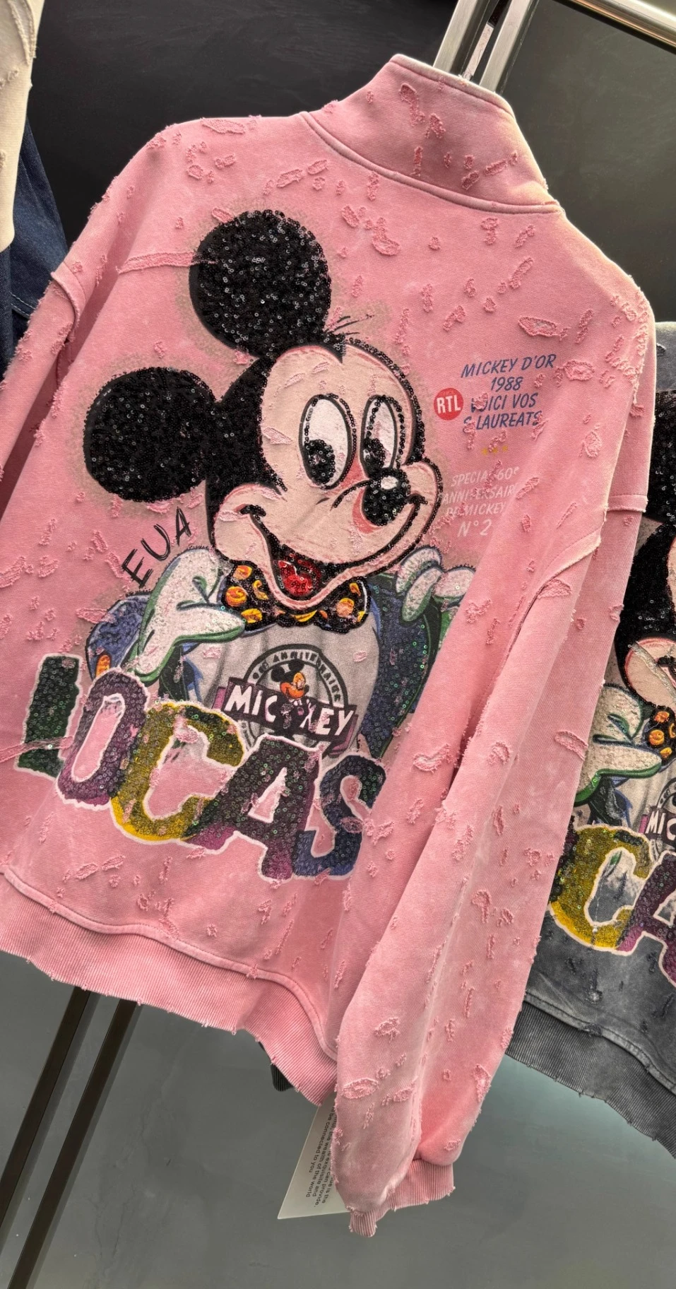 European Style Cartoon Zipper Jacket 2025 Autumn New Heavy-duty Ripped Sequin Cartoon Sweatshirt Casual Loose Coat Sweatshirt