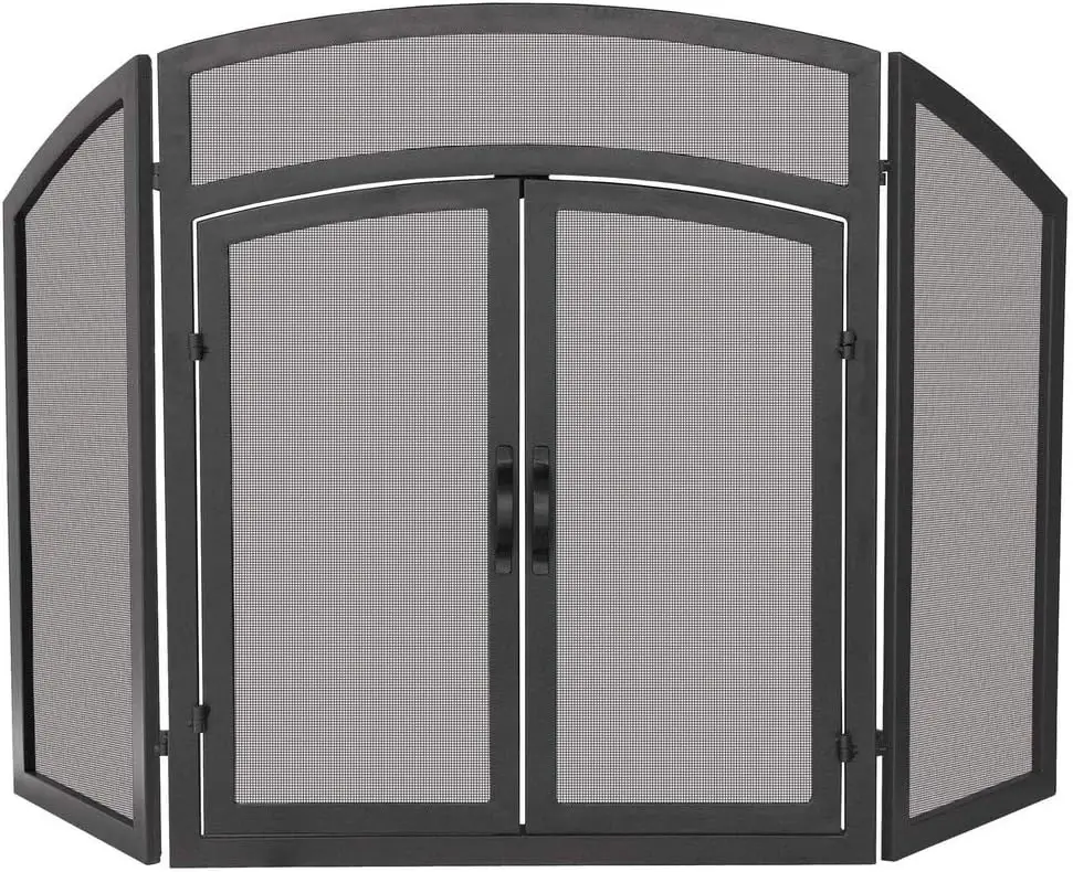 

3-кратный черный каминный экран из кованого железа с дверцами (S-1178)