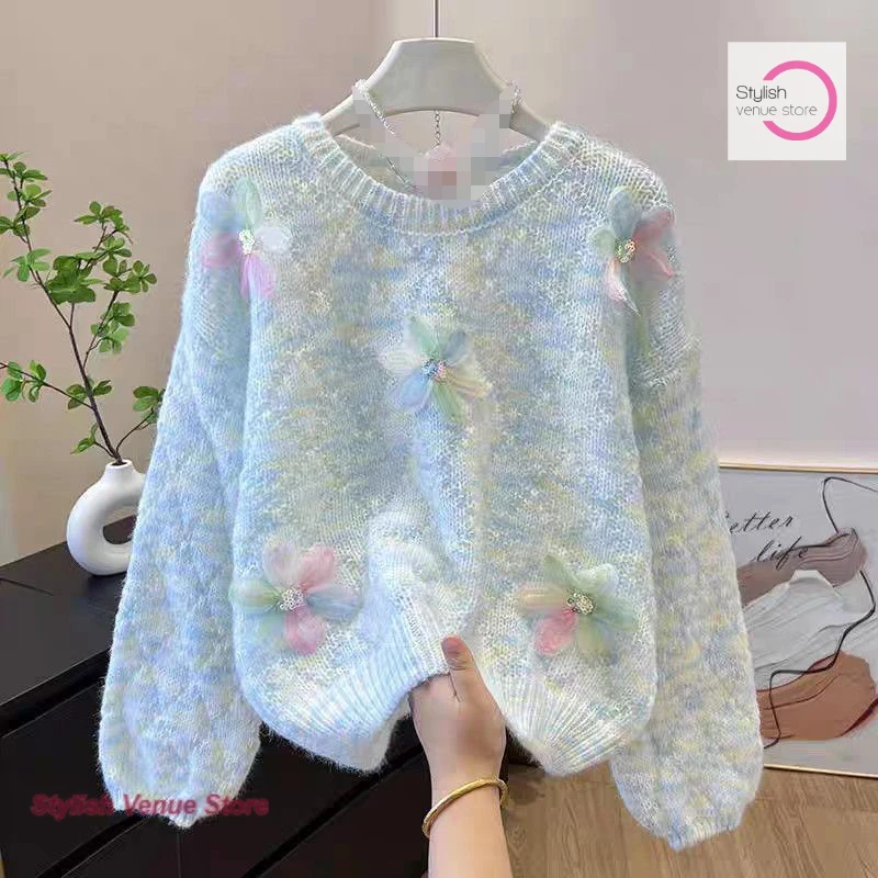 French gradient three-dimensional flowers super beautiful sweater women's autumn and winter new fashion round neck short sweater