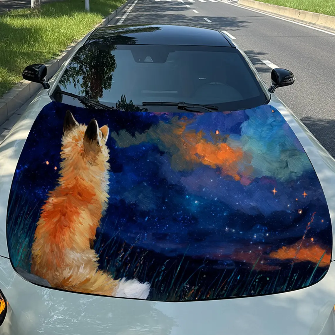 

Dreamy Fox Gazing at Colorful Sky PVC Car Engine Hood Vinyl Wraps, Self-Adhesive Waterproof Car Hood Decal Sticker, Car Decorati