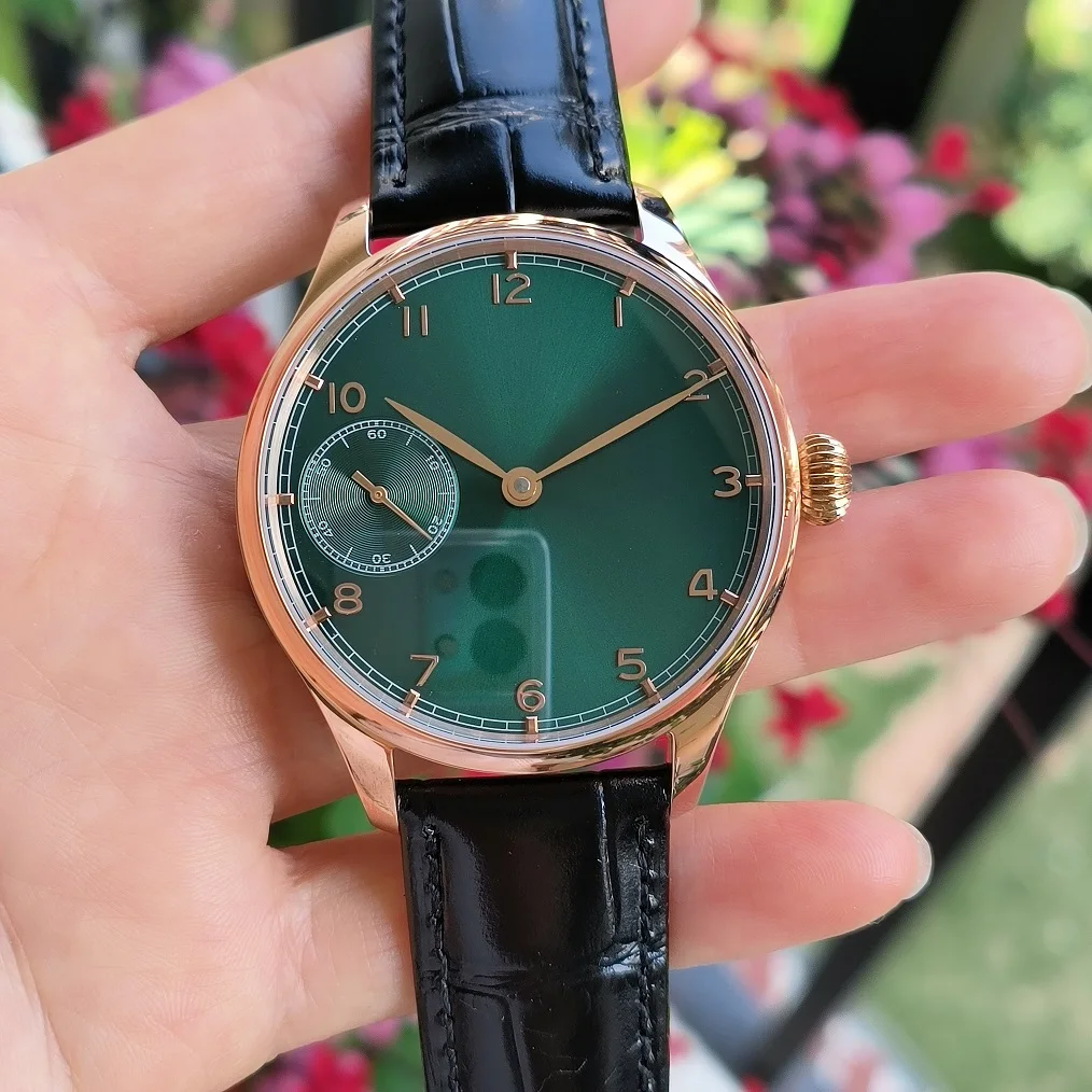 No logo 41mm Rose gold case AR coating Sapphire crystal Green dial Rose Gold hand Men\'s hand mechanical watch ST3600 movement