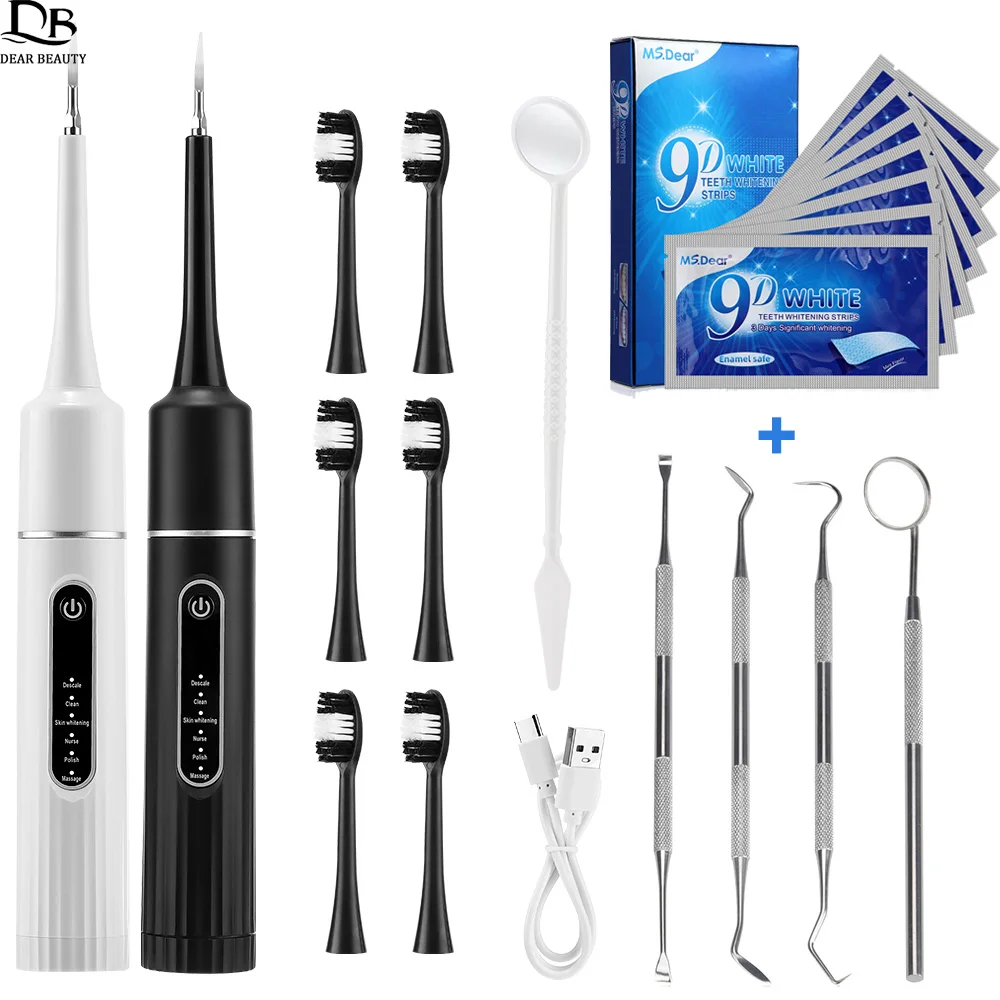 Electric Dental Scaler 6pcs Toothbrush Heads Sonic Vibration Calculus Tartar Remover Tooth Cleaner Set Teeth Whitening Tools