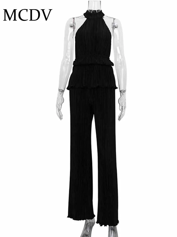 Mcdv chique plissado conjunto de duas peças feminino sexy halter sem mangas sem costas regata e calças de perna larga 2025 roupas elegantes de verão