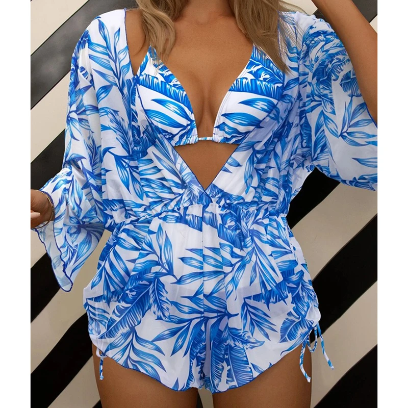 Fashion Micro Bikini Women's Print 3 Piece Sexy Lace Up Triangle Halter Bikini Push Up Bodysuits Beach Cover Up Casual Swimsuit