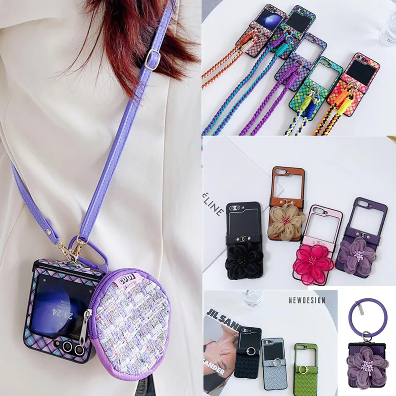 Fashion Woven Flower Long Rope Hinge Case For Samsung Galaxy Z Flip 5 4 3 Cover OPPO Find N3Flip N2Flip P50Pocket S VIVO X Flip