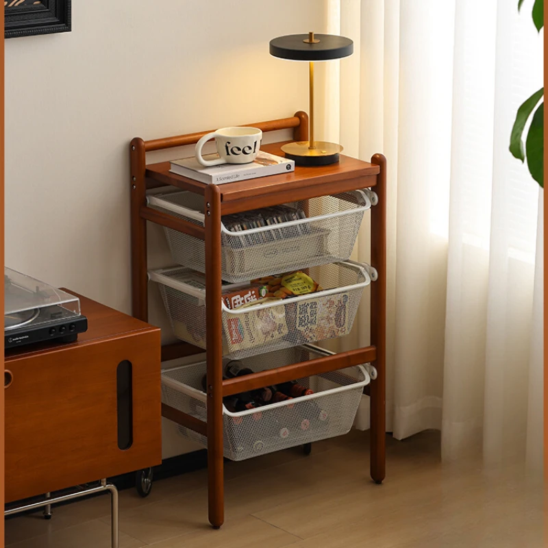 

Small storage rack, sofa side table, solid wood with wheels, movable, boxwood dining cart