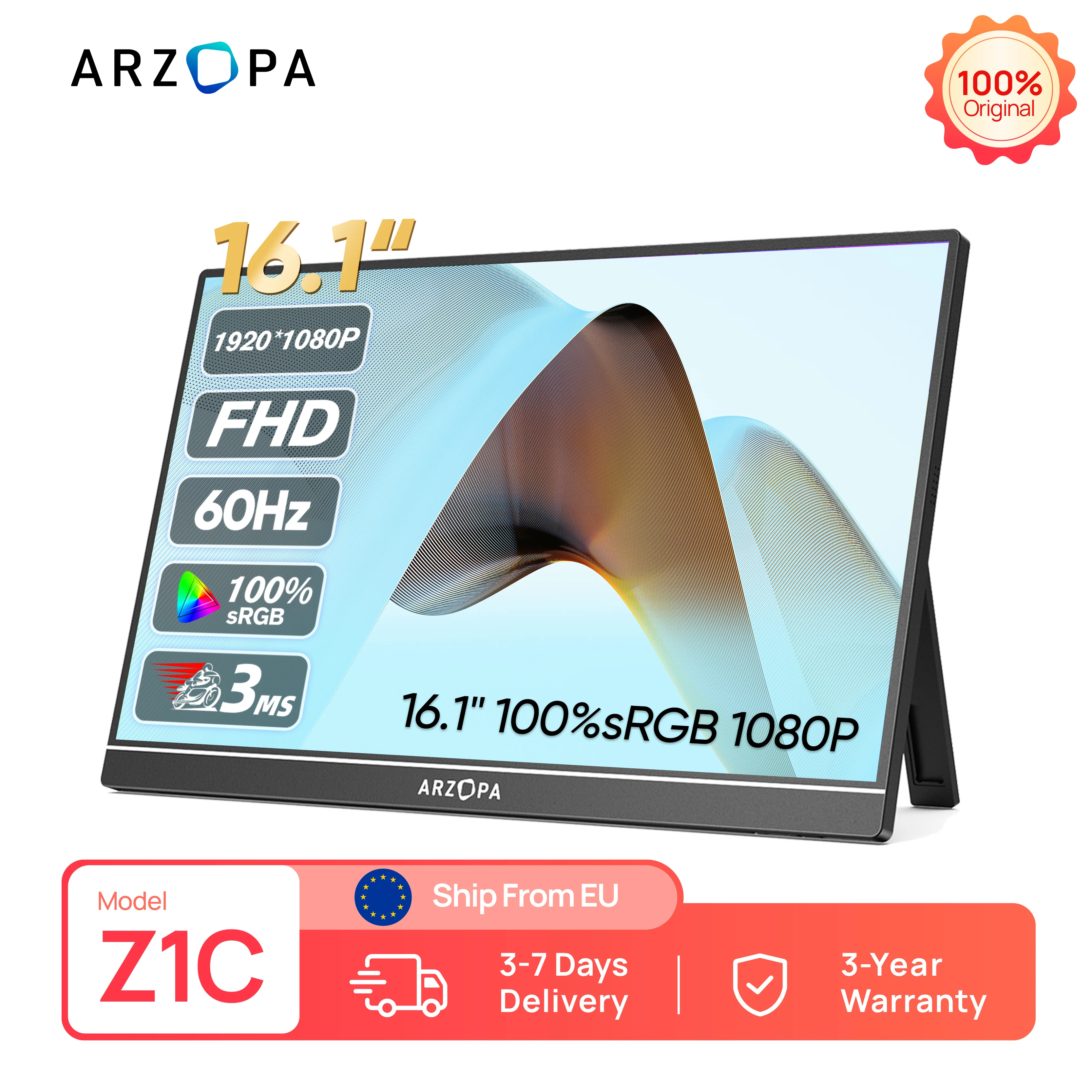 ARZOPA 16.1 inch 100% sRGB 1080P FHD Mini Gaming Mobile Portable Monitor IPS Screen Second Monitor External Display Z1C