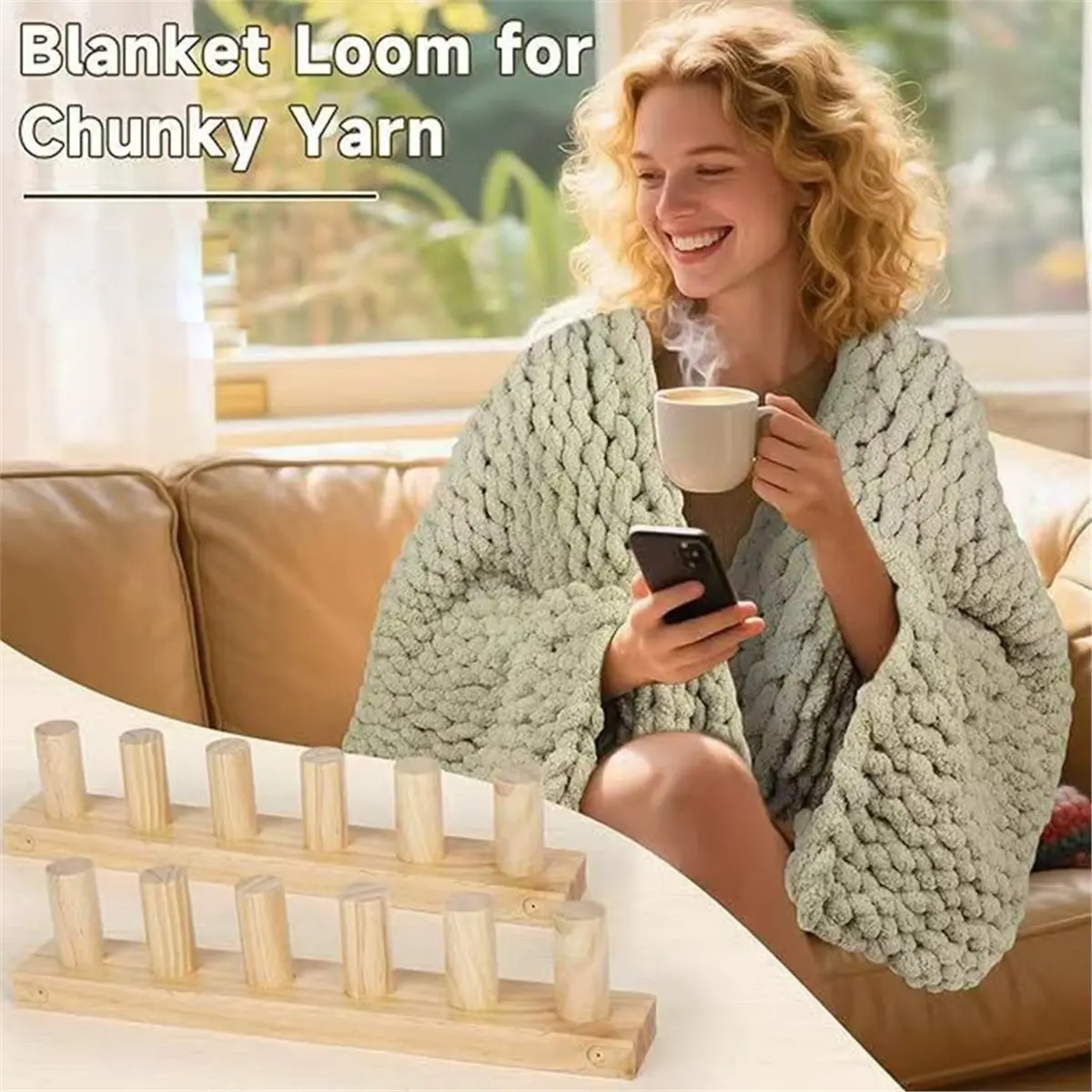 Chunky Yarn Knitting- Kit for Beginners, Adjustable Wooden Frame for DIY Blankets, Scarves, and Home Decor