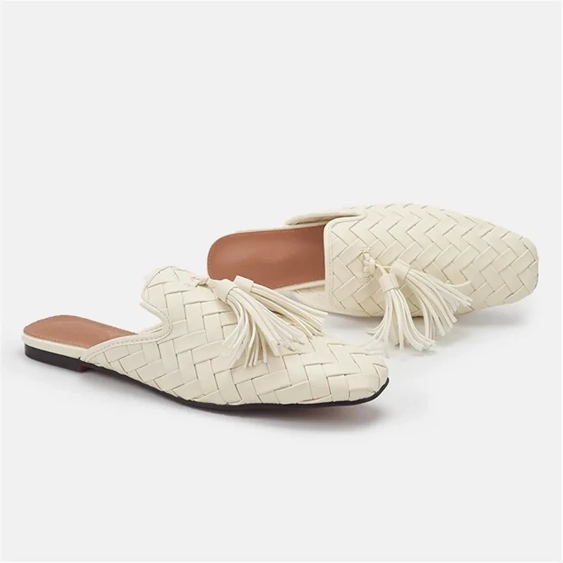 Summer 2023 Tassel Fringe Casual Flats Weave Slippers Mules Slides Hollow Out Bohemia Shoes Outdoor Women Woven Flip Flops