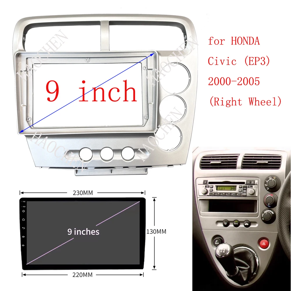 9 inch Car Fascia Radio Panel for HONDA Civic (EP3) 2000-2005 (Right Wheel) Dash Kit Install Facia Console Bezel Adapter Plate