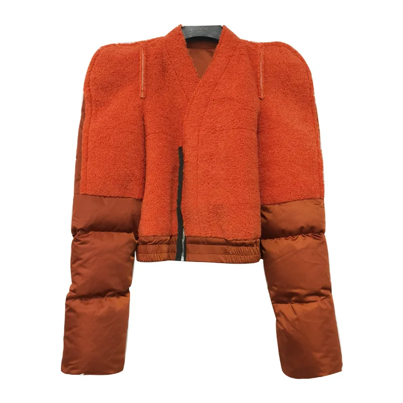 

2024 New Women Winter Jacket Tops Short V Neck Slim Splicing Felt Parkas Zipper Fashionable Elegant Overcoat Pockets Long Sleeve