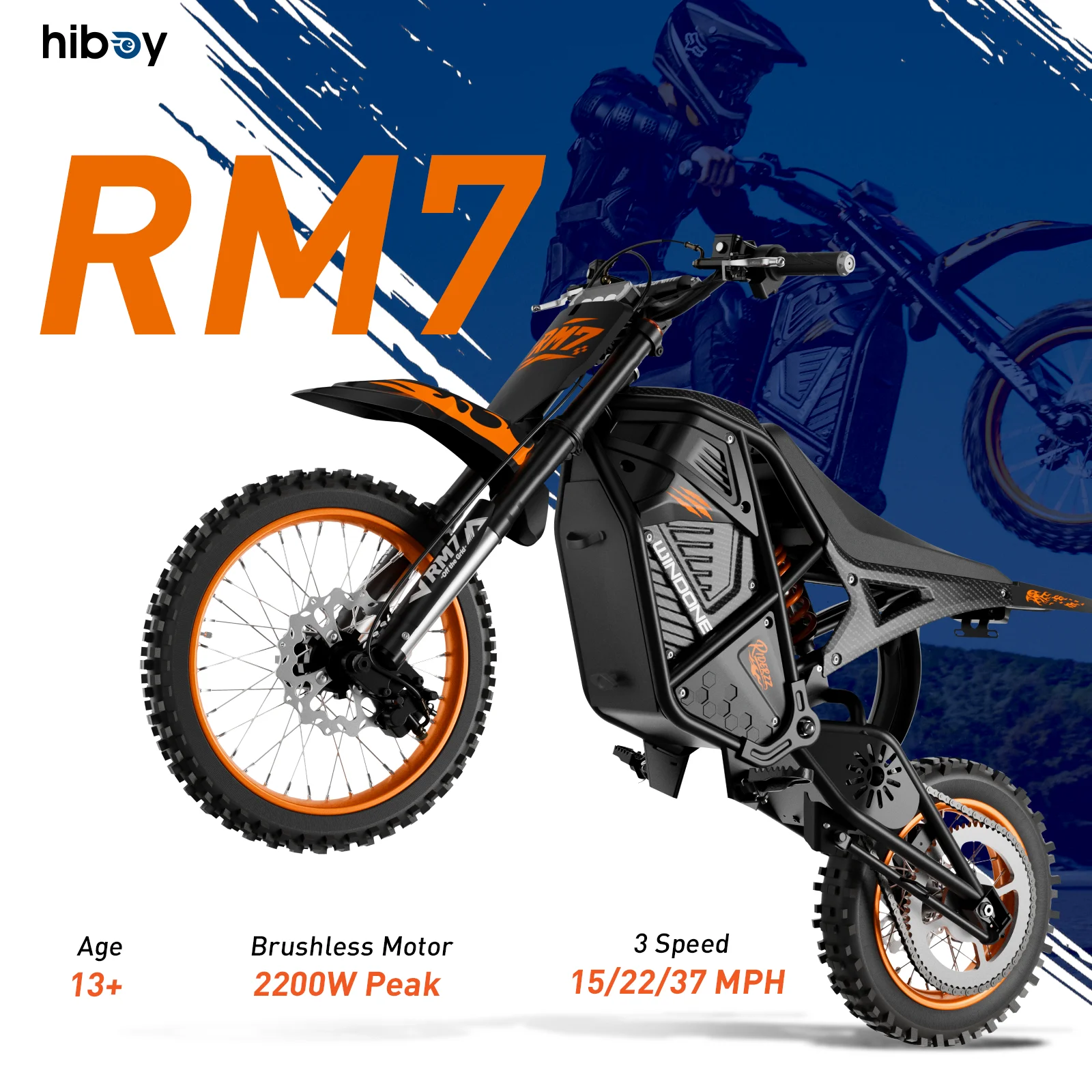 Windone RM7 2200W Electric Dirt Bike 48V 22.5Ah 37MPH 45Mile Range Off-Road E-Bike for Adults Teens Dual Hydraulic Brakes Full Suspension 14/12 Inch Fat Tire Electric Motorcycle High Speed Ebike Fit Age 14+