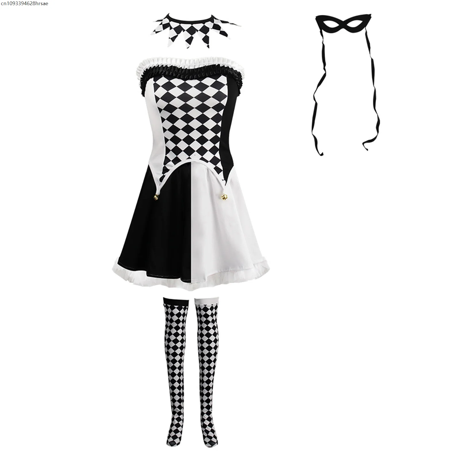 

Black White Plaid Adult Circus Clown Costume for Women Halloween Carnival Vampire Cosplay Costumes Mask Dance Dresses Halloween