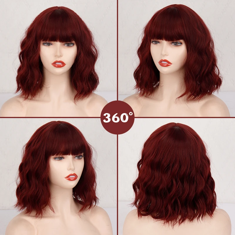 Short Bob Synthetic Wigs for Women Short Wavy Wigs with Bangs Wavy Bob Wig Wine Red Wig Heat Resistant Fiber Cosplay hair