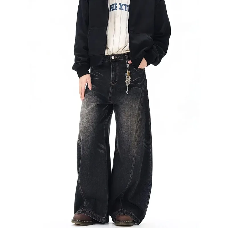 Vintage Black Washed Baggy Jeans Pants Men Wide leg Curved Blade Pants Streetwear Cowboy Casual Denim Straight Trousers