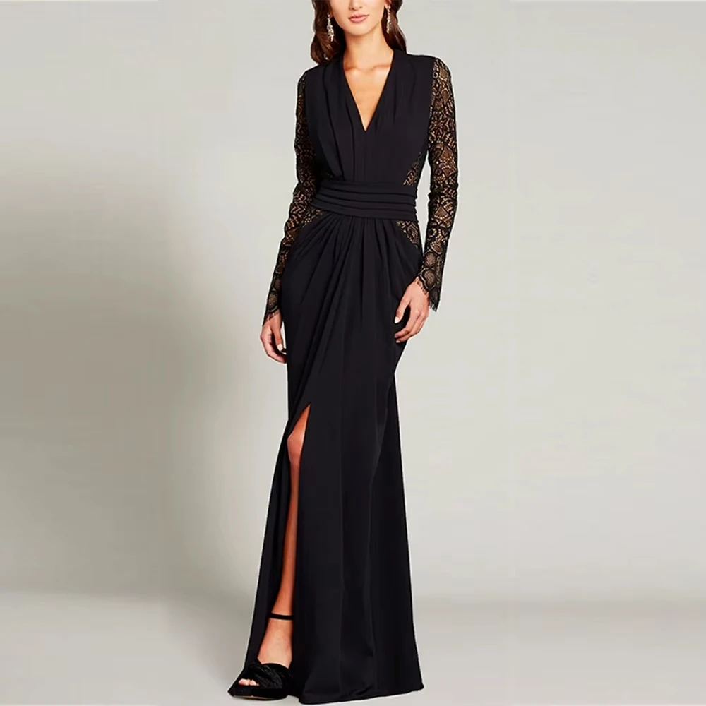 فساتين أم العروس على شكل حرف A مخصصة على شكل حرف V فساتين ضيوف الزفاف مع دانتيل فتحة أمامية مكشكشة لحفلات الزفاف