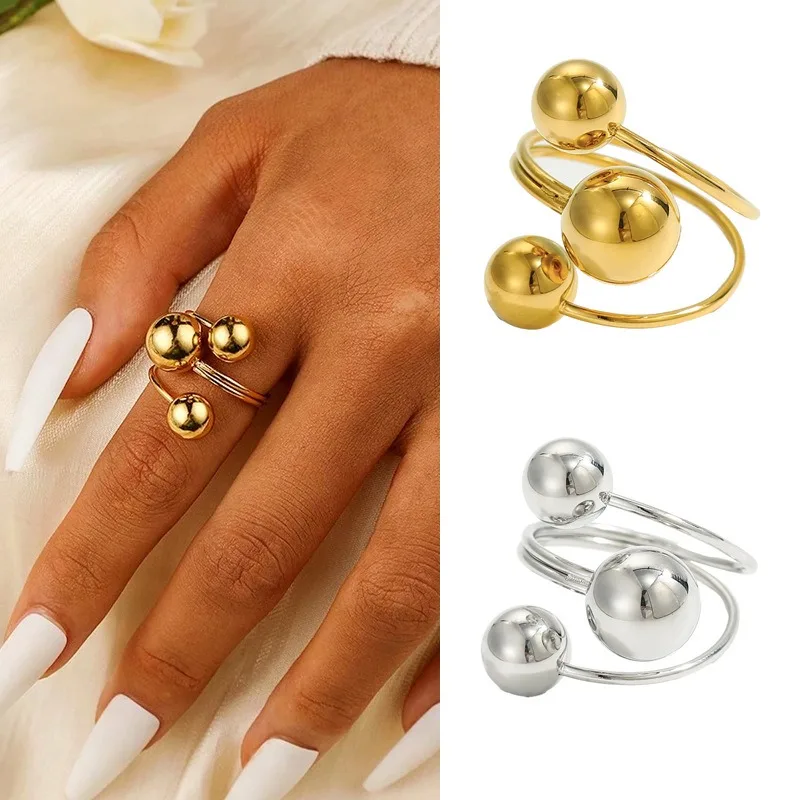 Stainless Steel Gold Plated Three Spiral Wrap Statement Finger Ring Modern Trendy Minimalist Daily Party Fashion Jewelry Gift