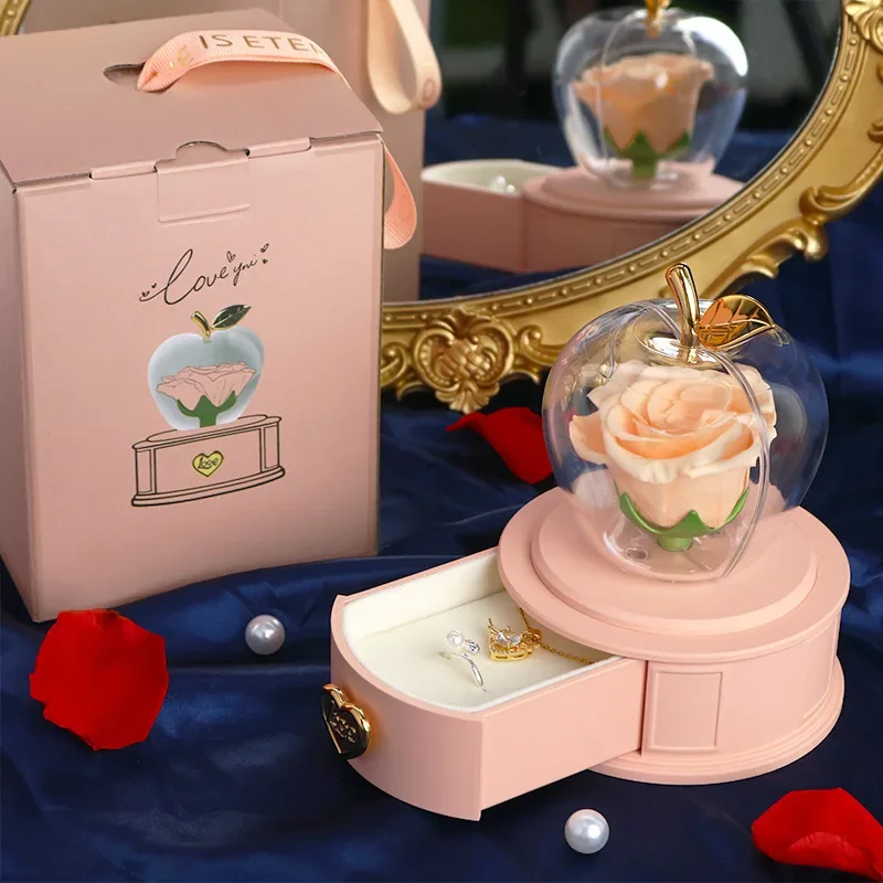 Luxury Eternal Rose Apple - Shaped Ornament with Red Drawer Base for Necklace and Ring with Exquisite Gift Box Handbag view 3