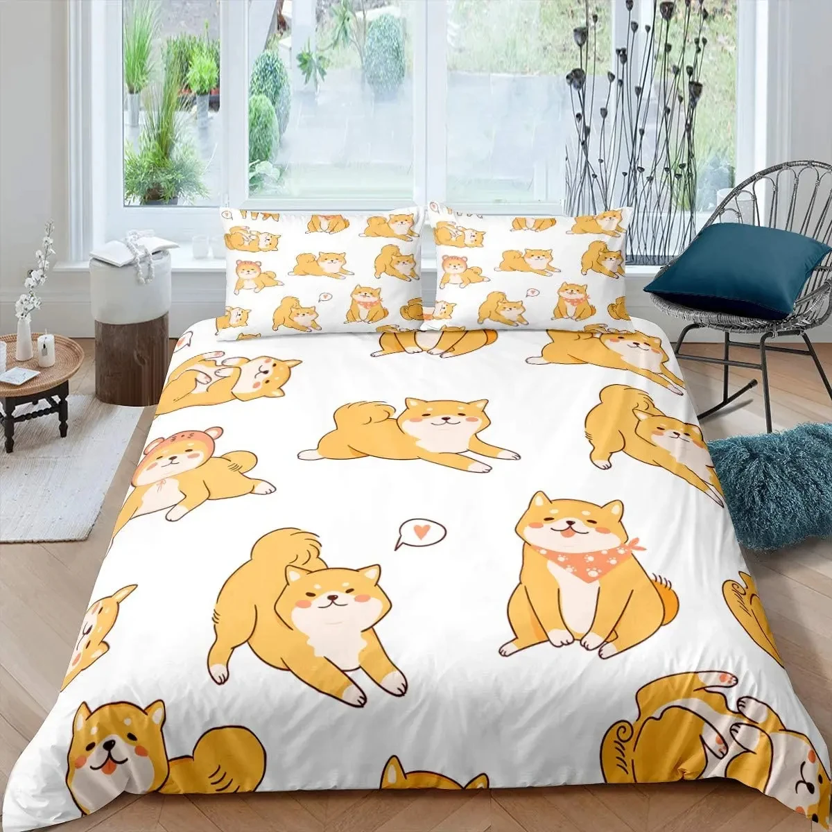 Shiba Inu Duvet Cover Cute Shiba Inu Bedding Set Dog Loves Bedding Set Microfiber Cartoon Animal Pattern Queen King Quilt Cover