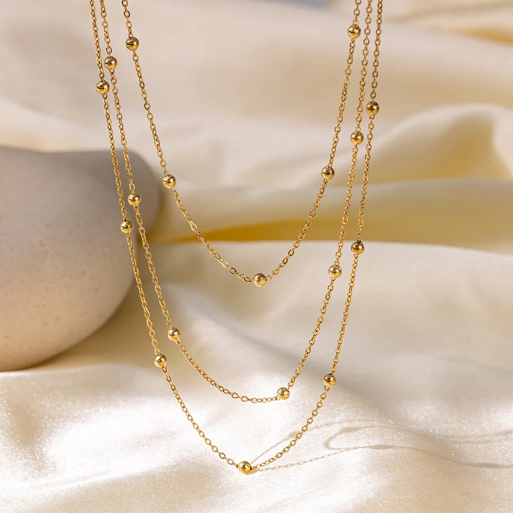 ASONSTEEL Trendy Round Beads Multi-Layers Pendants Necklaces Stainless Steel Charm Minimalist Jewelry Chain Bone Necklace Gifts