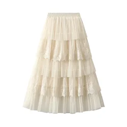 Elegant Lace Patchwork Chiffon Long Skirt, New Summer Romantic Polka Dot A-line High Waisted Layered Mesh Pleated Skirt 0208