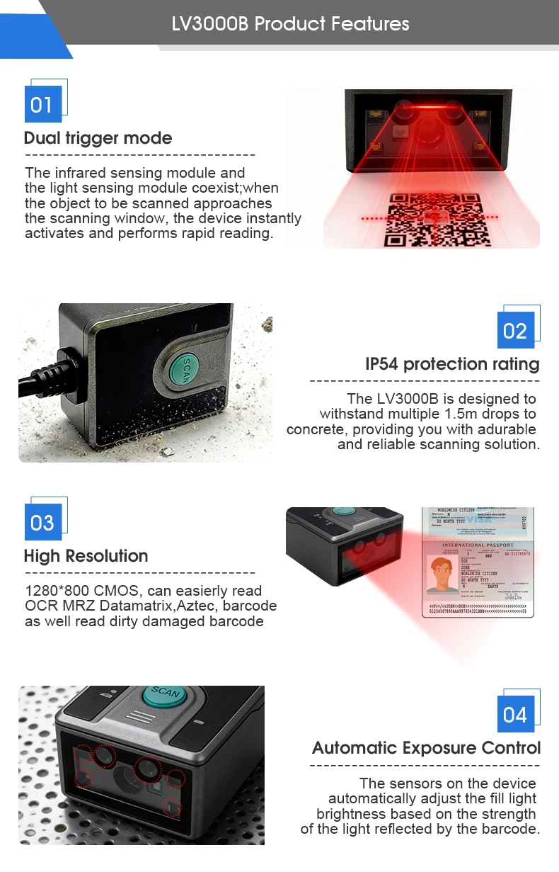 LV3000B-Industrial Assembly Line Reader 2D 1D Barcode Scanner Module Passport MRZ/2D Barcode/qr/pdf417/data Matrix 1280*800